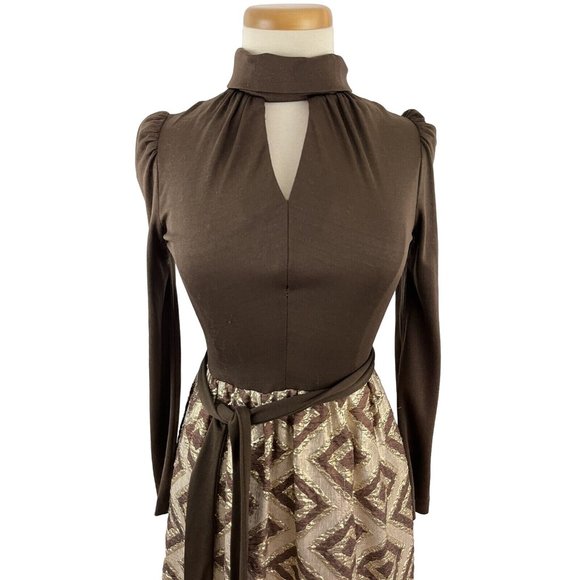 Vintage 70s Cindy Juniors Leboff Mod Maxi Dress Peekaboo Bodice Metallic Skirt - Picture 2 of 11